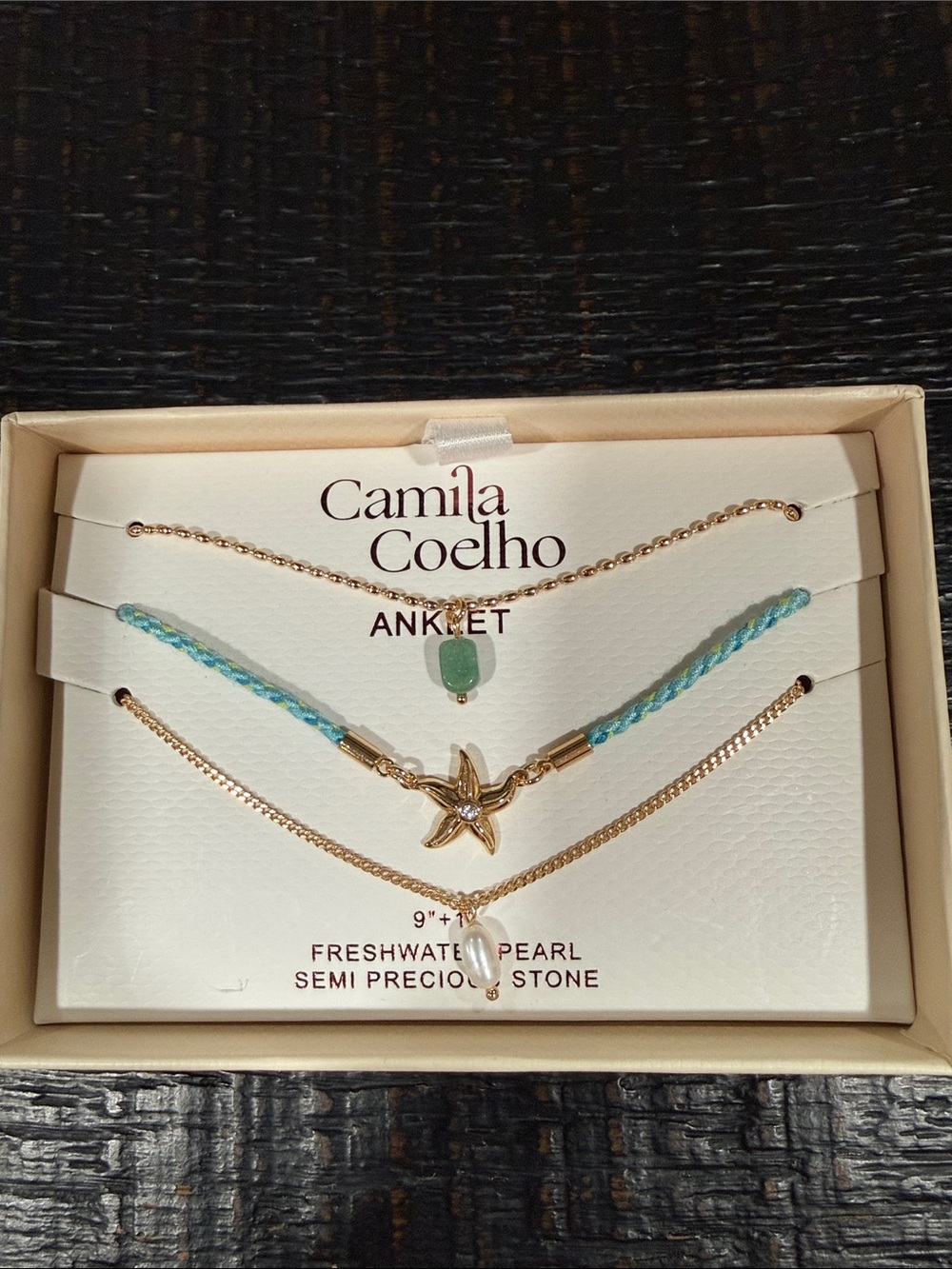 Camila Coelho Gold and Aqua Anklet Trio with Pearl and Star Charm